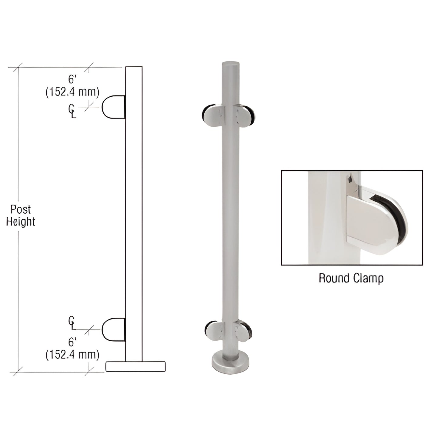 Stainless steel 1.9 in (48 mm) round glass-clamp post kit with base plate, round clamps; fits 1/2 in glass. PR42ABS