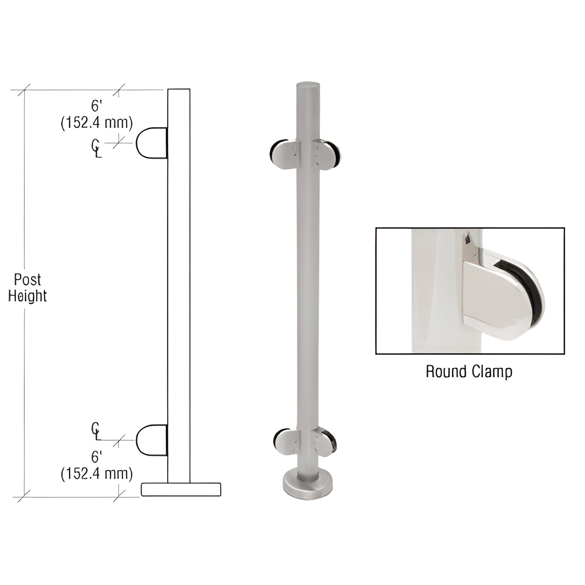 Stainless steel 1.9 in (48 mm) round glass-clamp post kit with base plate, round clamps; fits 1/2 in glass. PR42ABS