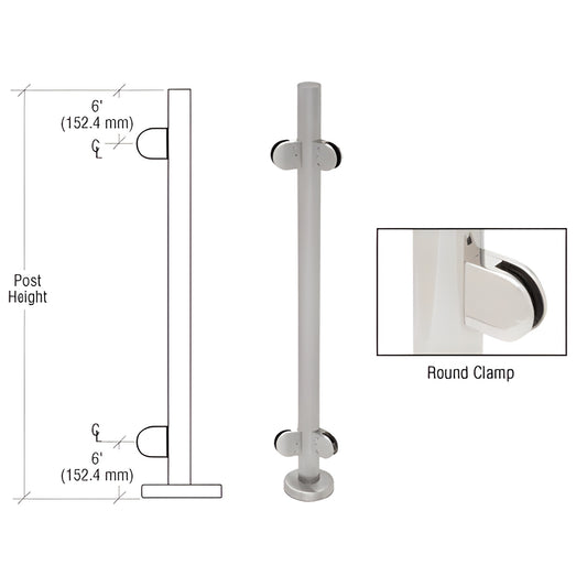 Stainless steel 1.9 in (48 mm) round glass-clamp post kit with base plate, round clamps; fits 1/2 in glass. PR42ABS