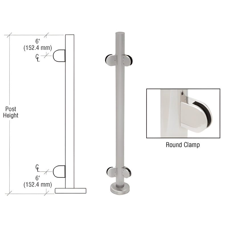 Stainless steel 1.9 in (48 mm) round glass-clamp post kit with base plate, round clamps; fits 1/2 in glass. PR42ABS