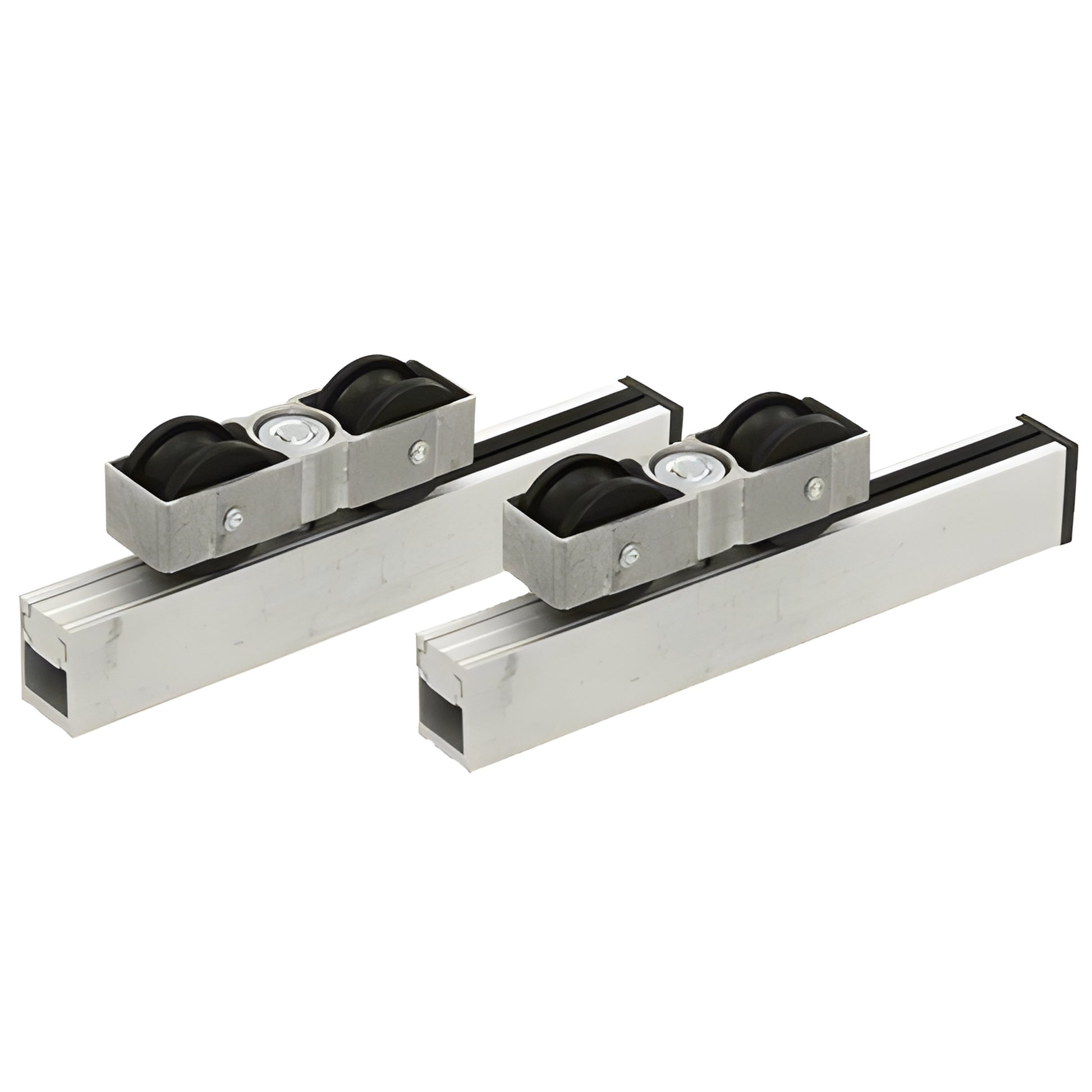 Pair of aluminum CRL3988 hanger assemblies with dual black rollers on rectangular mounting channels, adjustable 1/4" height.