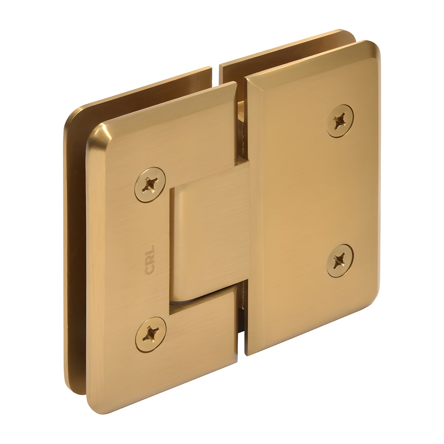 Modern Gold brass 180-degree glass-to-glass shower hinge, beveled edges, fits 3/8-1/2 in tempered glass (SKU C0L180MG)
