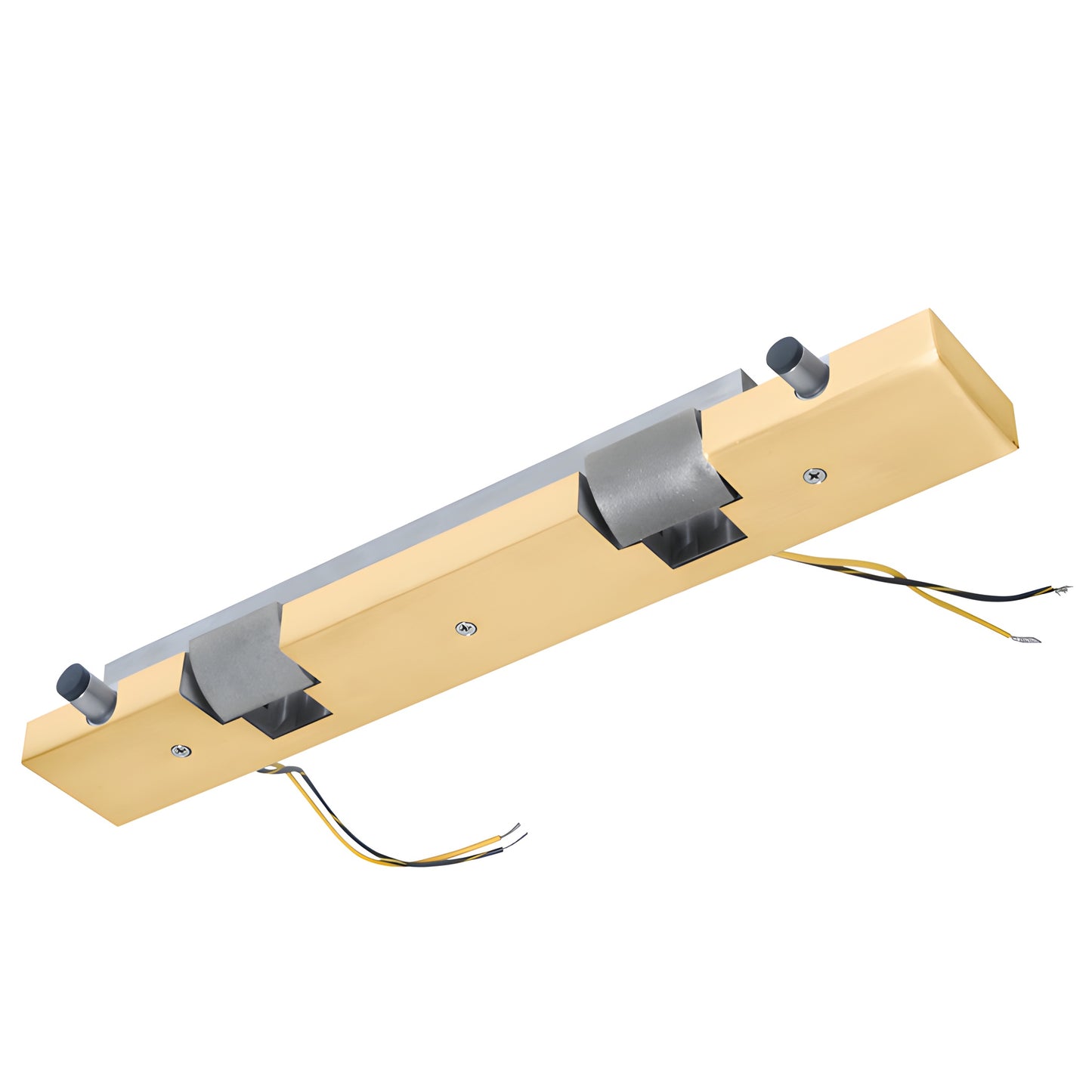 ESK2SDSB satin brass electric strike keeper - rectangular brass plate with two latch openings, pins and wires