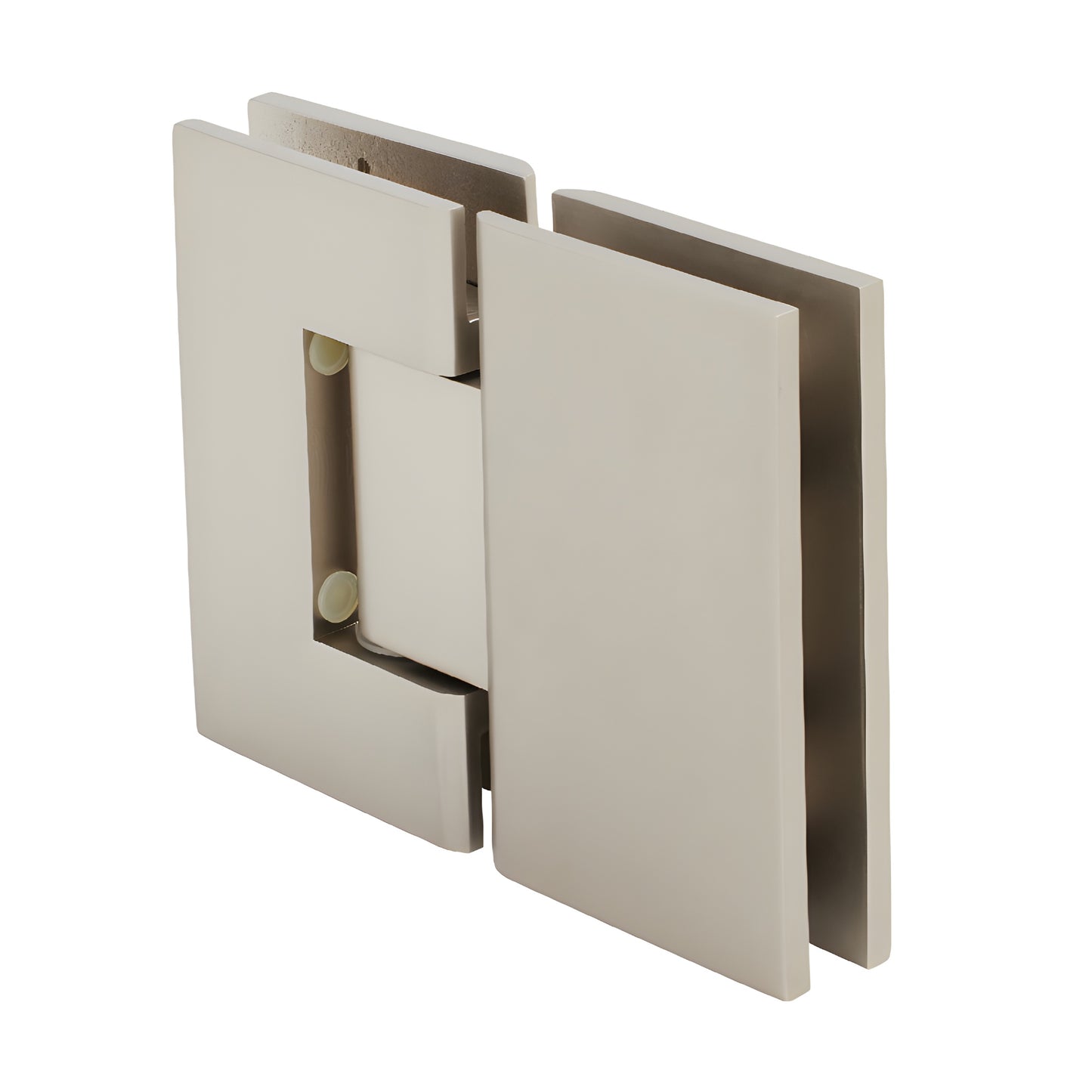 GEN180SN satin nickel Geneva glass-to-glass shower hinge, solid brass, 180 self-centering pivot for 8-12mm glass