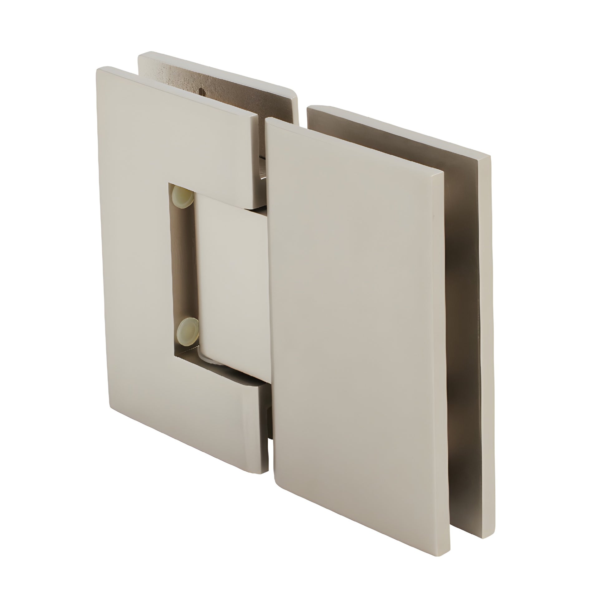 GEN180SN satin nickel Geneva glass-to-glass shower hinge, solid brass, 180 self-centering pivot for 8-12mm glass