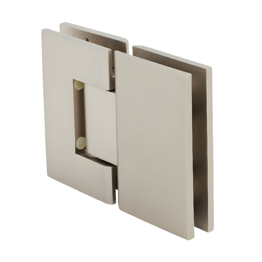 GEN180SN satin nickel Geneva glass-to-glass shower hinge, solid brass, 180 self-centering pivot for 8-12mm glass