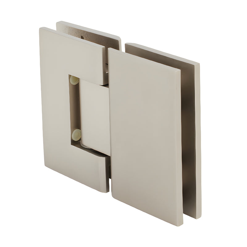 GEN180SN satin nickel Geneva glass-to-glass shower hinge, solid brass, 180 self-centering pivot for 8-12mm glass