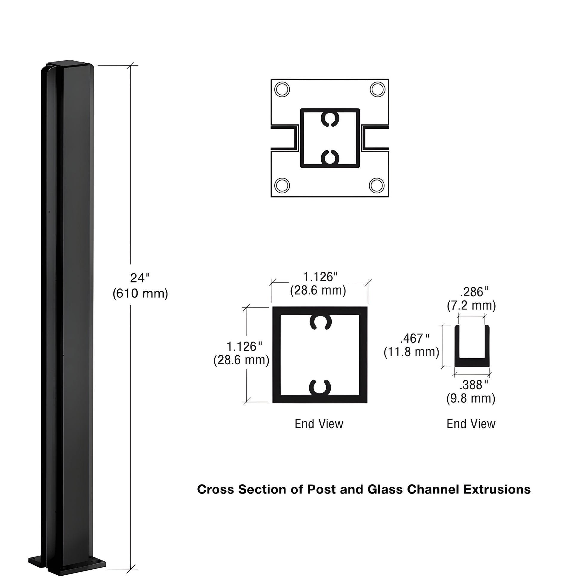 Semi-gloss black 24" aluminum center partition post, 1 1/8" square tube with full length glazing channels