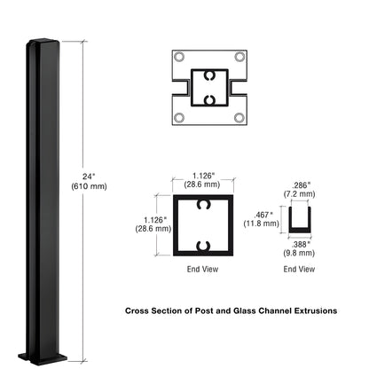 Matte black 24" aluminum center partition post with 1-1/8" square tube and 2" mounting base. SKU D990MBL24C