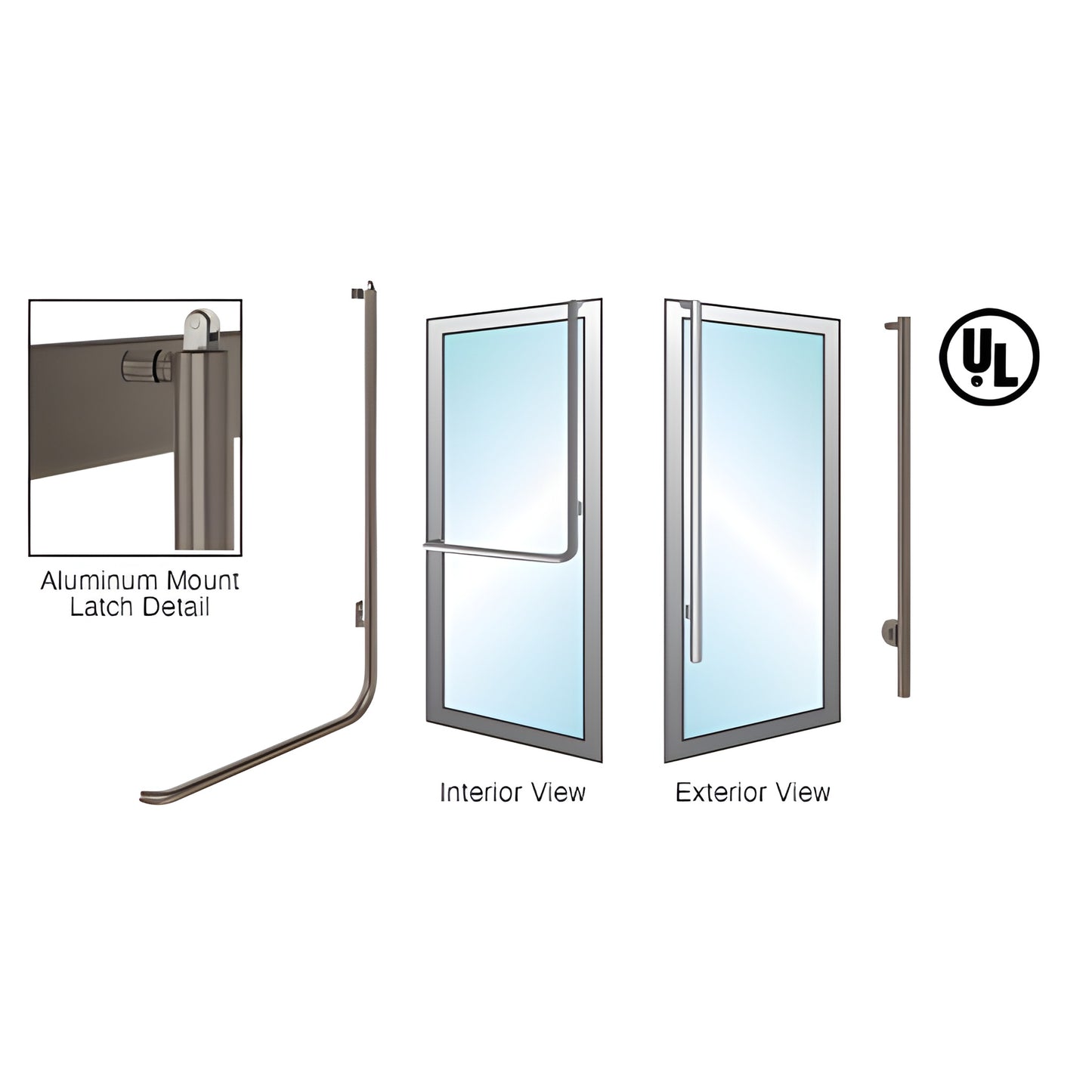 PA100LS3AK0RB oil-rubbed bronze exterior fixed panic handle for tempered glass doors, interior push bar and exterior pull.