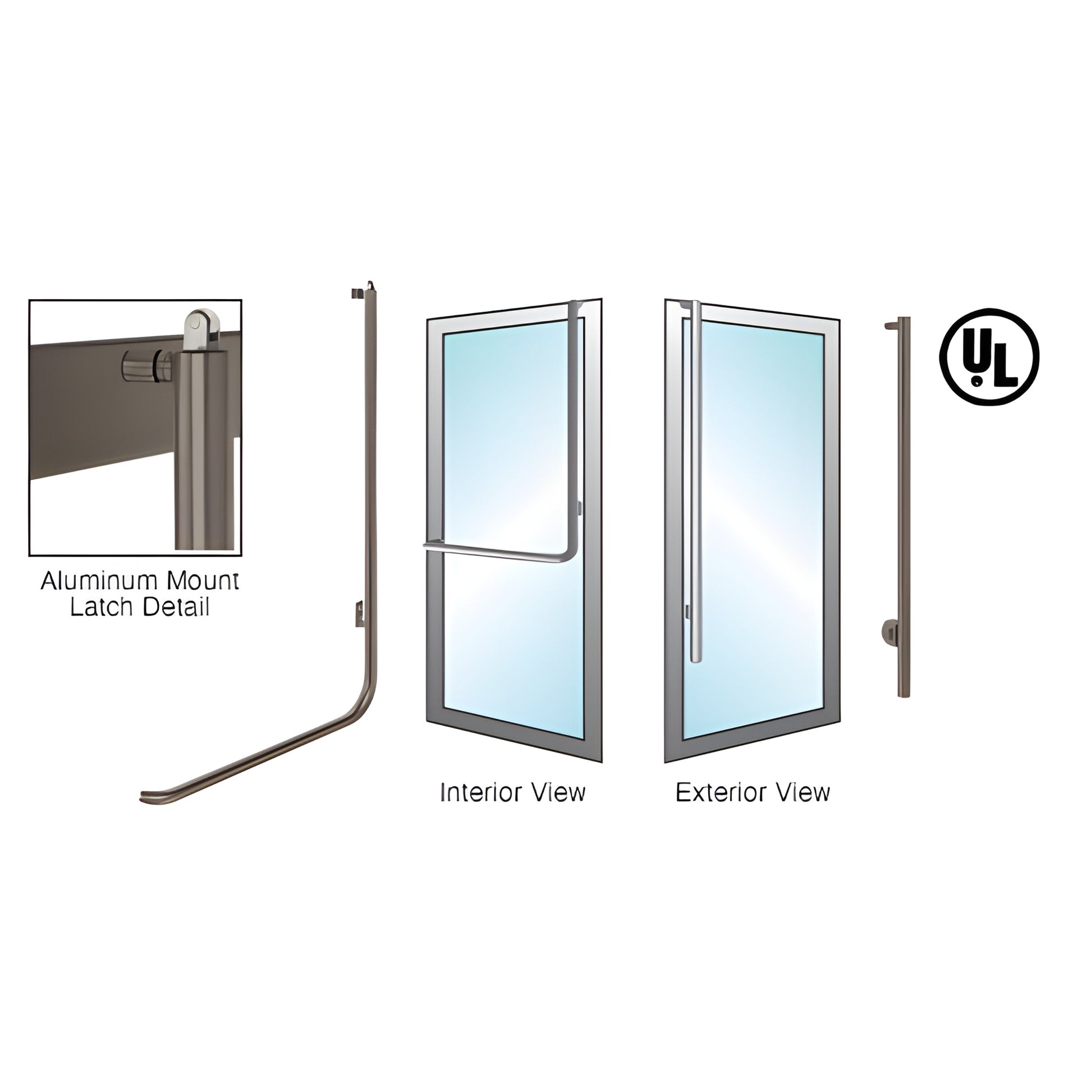 PA100LS3AK0RB oil-rubbed bronze exterior fixed panic handle for tempered glass doors, interior push bar and exterior pull.
