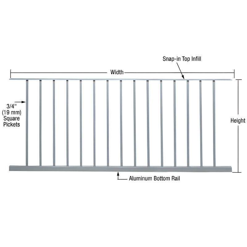Aluminum mill-finish picket panel SKU P7248M, 15 square pickets, snap-in top infill and bottom rail, 77-5/8 45-1/8 in.
