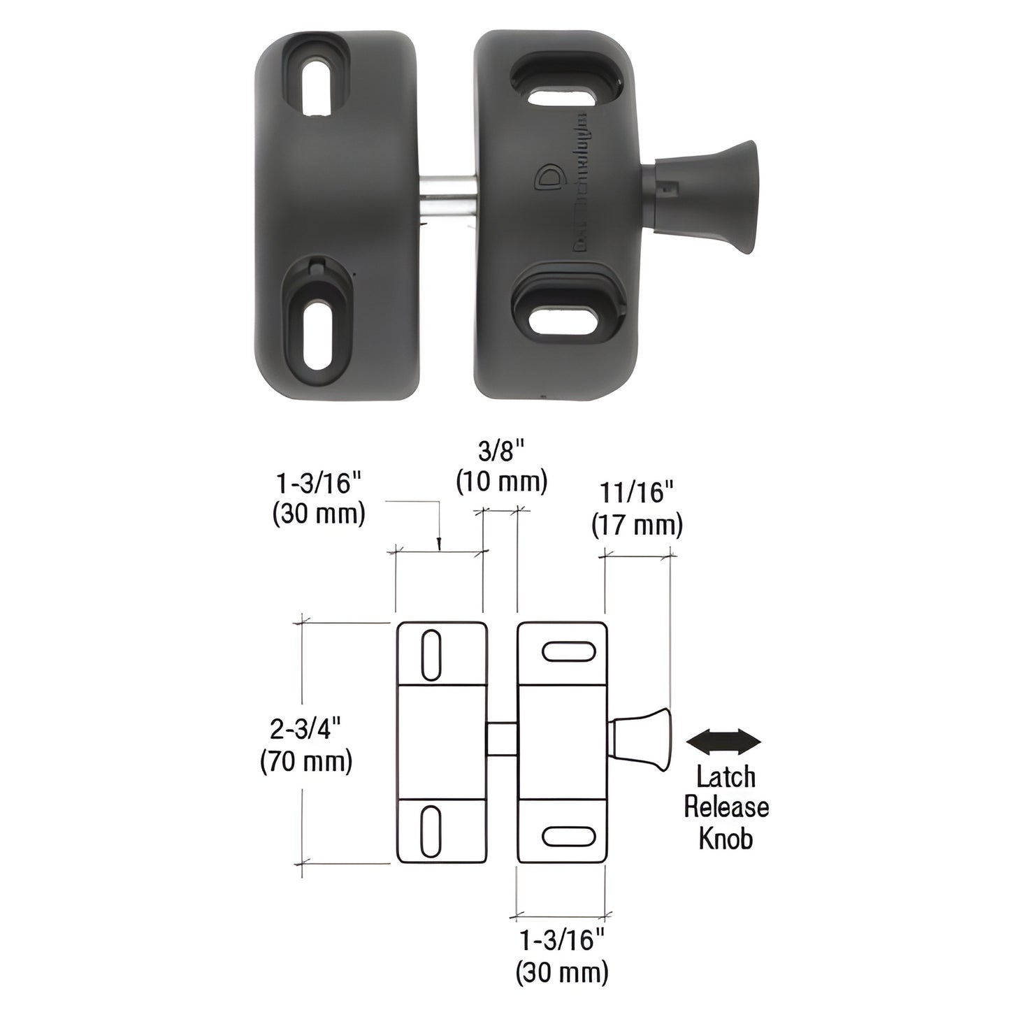 Black polymer CRL Magna-Latch MLSP1 magnetic self-latching gate latch with release knob and dimension diagram