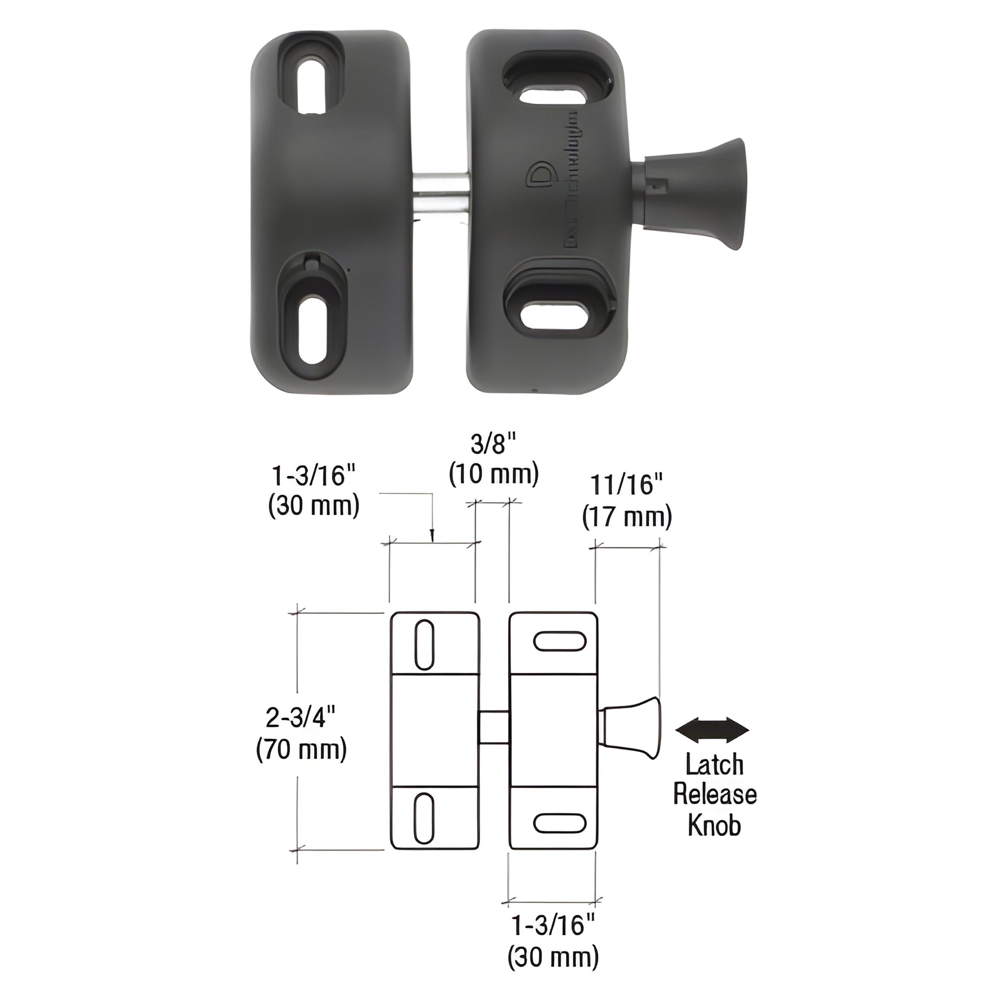 Black polymer CRL Magna-Latch MLSP1 magnetic self-latching gate latch with release knob and dimension diagram