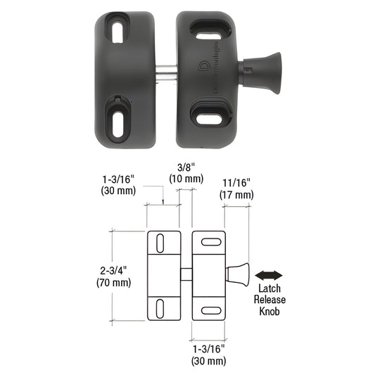 Black polymer CRL Magna-Latch MLSP1 magnetic self-latching gate latch with release knob and dimension diagram