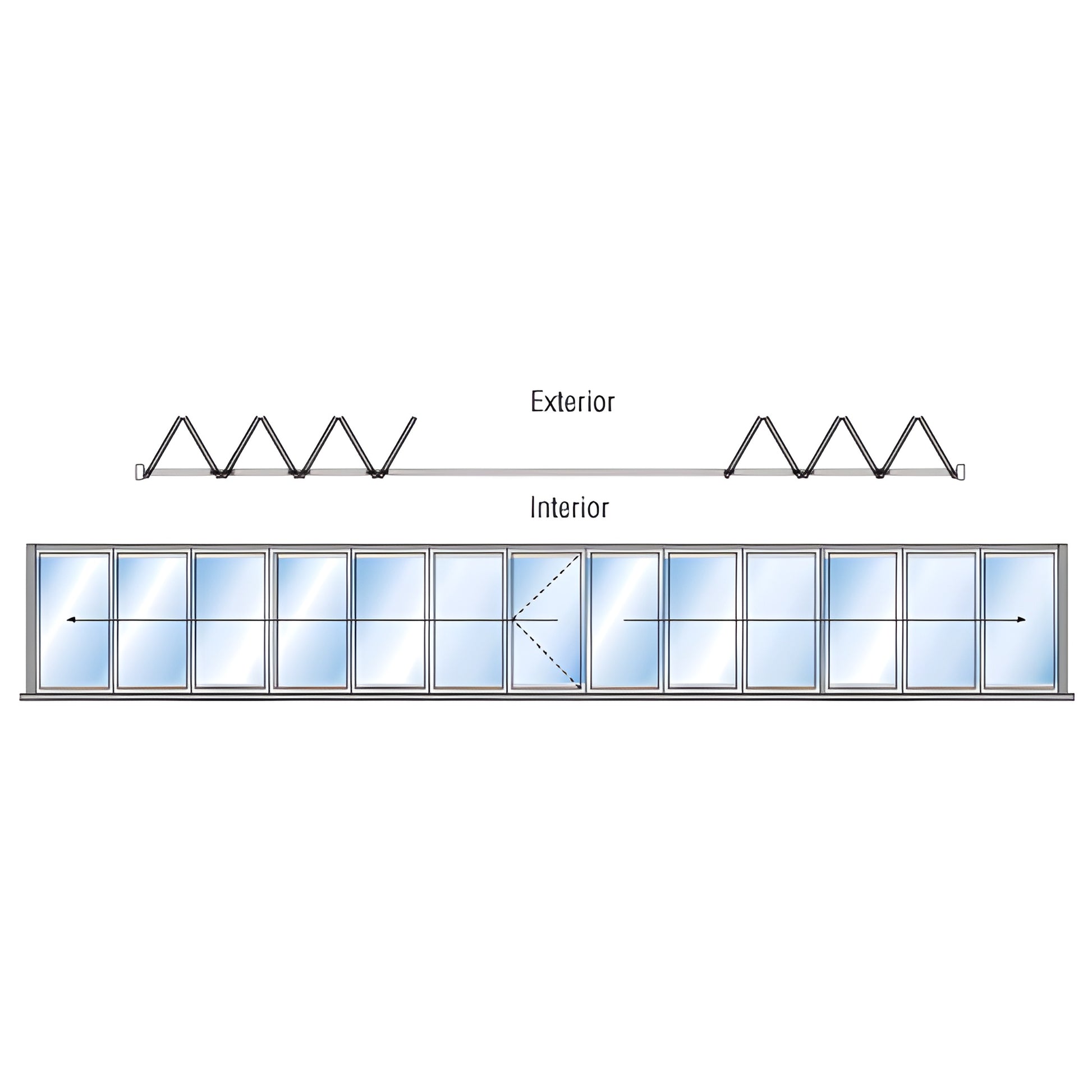 Monterey 13-panel aluminum bi-fold glass wall, 7+6 biparting, satin anodized finish, exterior stacking, SKU M8B76R0SAL