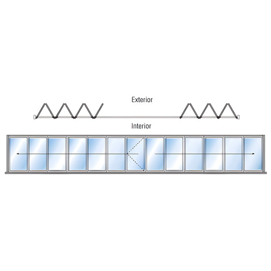Monterey 13-panel aluminum bi-fold glass wall, 7+6 biparting, satin anodized finish, exterior stacking, SKU M8B76R0SAL