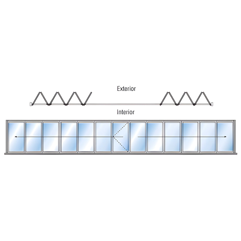 Monterey 13-panel aluminum bi-fold glass wall, 7+6 biparting, satin anodized finish, exterior stacking, SKU M8B76R0SAL