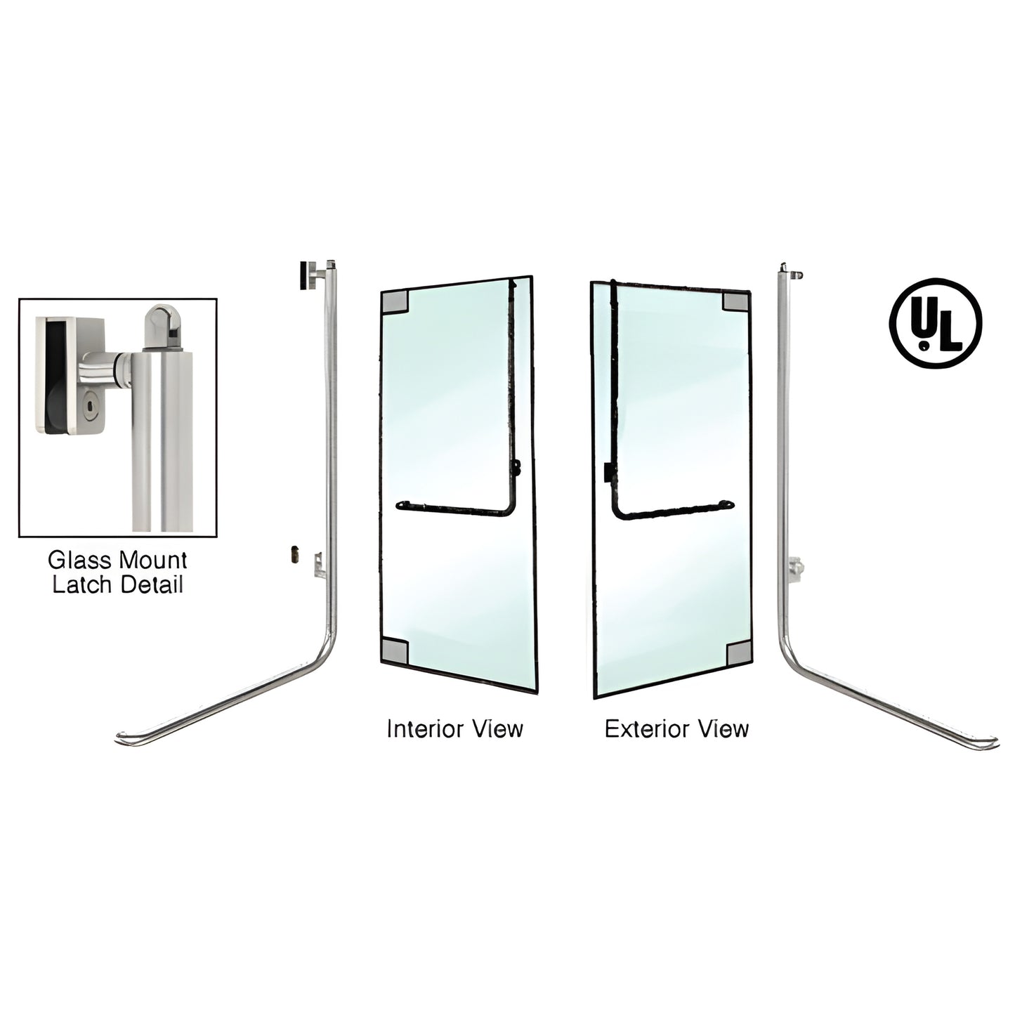 PA100 panic handle, brushed stainless tubular panic bar for 1/2 in (13 mm) or 3/4 in (19 mm) all glass doors, 1 1/4 in tube.