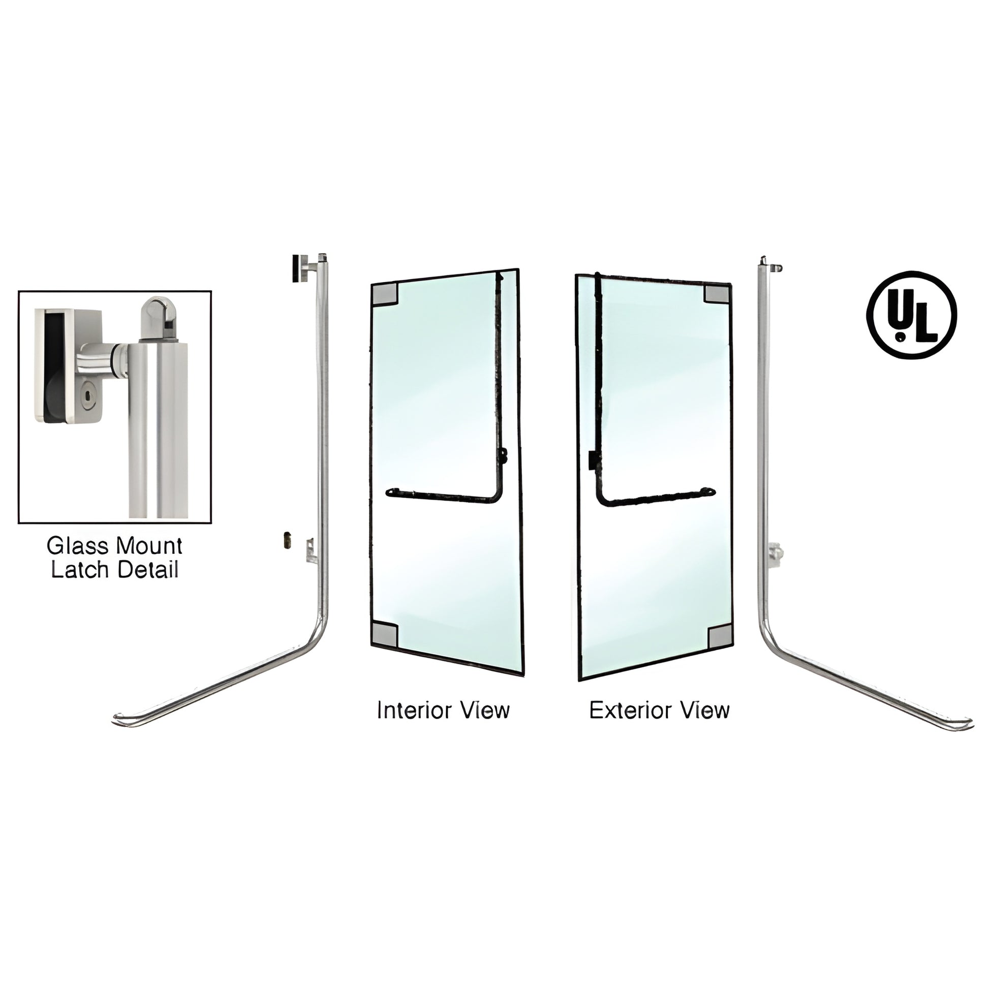 PA100 panic handle, brushed stainless tubular panic bar for 1/2 in (13 mm) or 3/4 in (19 mm) all glass doors, 1 1/4 in tube.