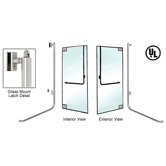 PA100 panic handle, brushed stainless tubular panic bar for 1/2 in (13 mm) or 3/4 in (19 mm) all glass doors, 1 1/4 in tube.