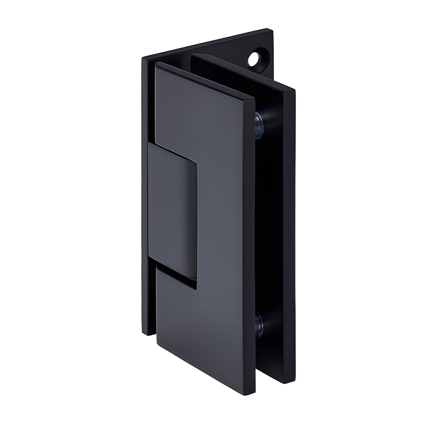 Matte black solid brass Vienna shower door hinge (SKU V1E044MBL) for 10-12mm tempered glass, wall-mount offset.