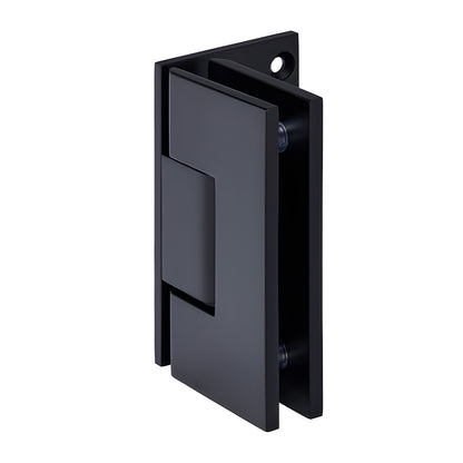Matte black solid brass Vienna shower door hinge (SKU V1E044MBL) for 10-12mm tempered glass, wall-mount offset.