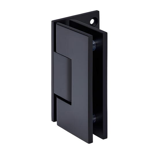 Matte black solid brass Vienna shower door hinge (SKU V1E044MBL) for 10-12mm tempered glass, wall-mount offset.
