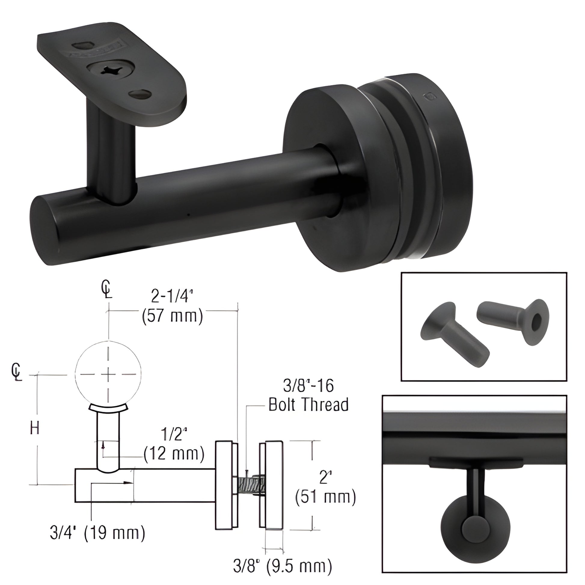 Matte black glass-mounted short-arm handrail bracket SKU HR3EGMBL, 316 stainless, fits 11 2-2 tubing, requires 3/4 glass hole