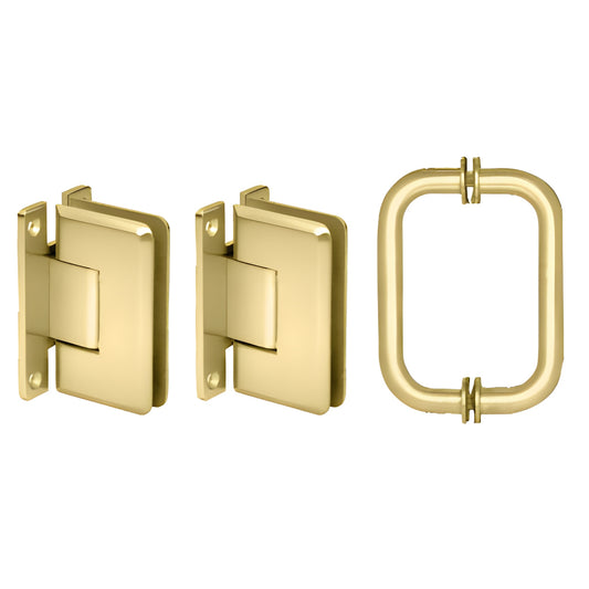 Polished brass shower hinge and rectangular pull set for 8-12mm glass, wall-mount - SKU C0LS3BR.