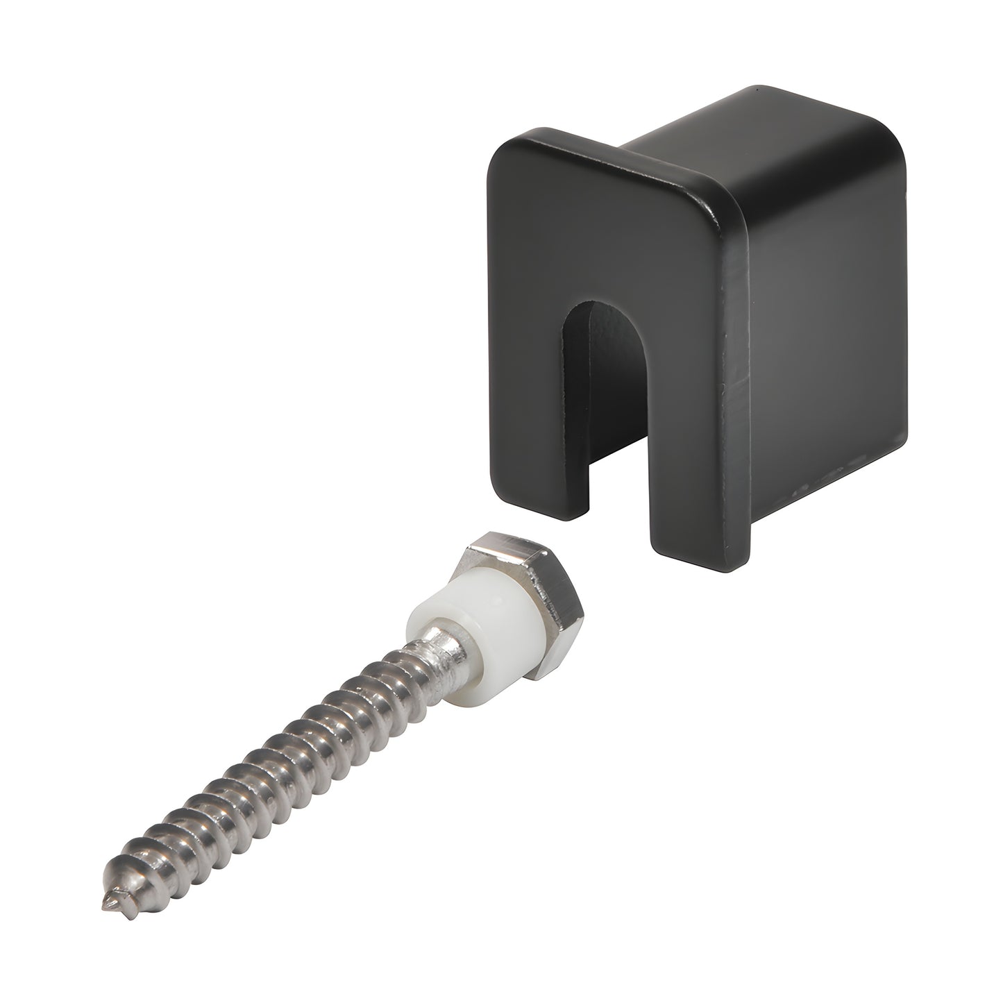 Black stabilizing end cap with lag screw and nylon spacer for 11-gauge glass cap railing (SKU GRL10SECMBL)