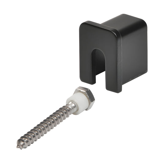 Black stabilizing end cap with lag screw and nylon spacer for 11-gauge glass cap railing (SKU GRL10SECMBL)
