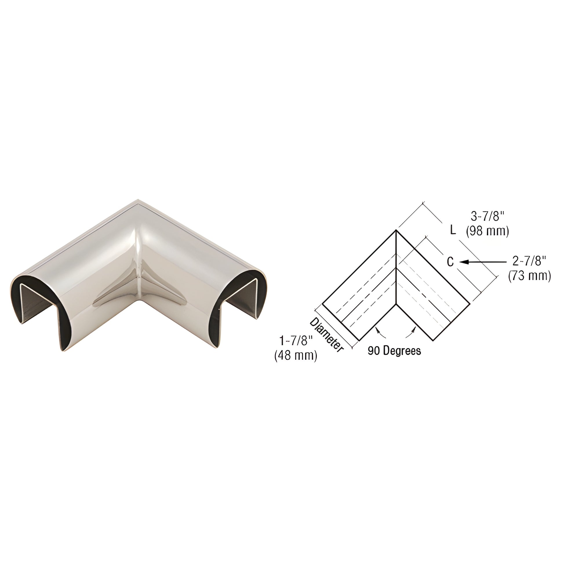 GRRF20HPS polished 316 stainless steel 90 interior cap rail corner, welded, slip-fit, corrosion-resistant