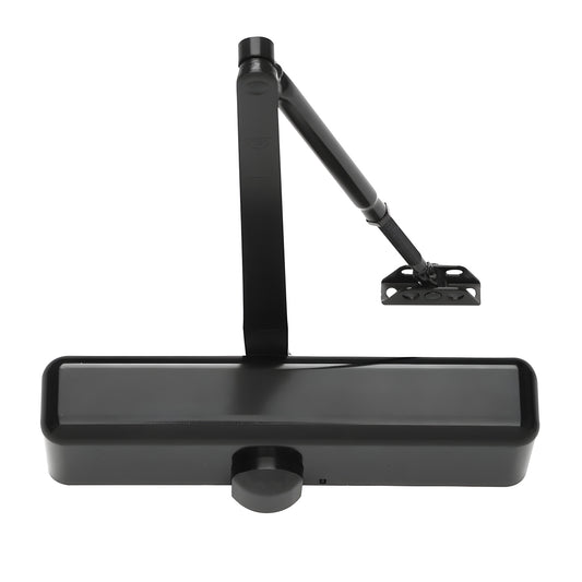 Black PR80BLK surface-mounted adjustable door closer with parallel arm bracket, compact 9-3/4" body, ADA-capable.