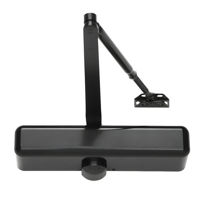 Black PR82BFBLK surface-mounted adjustable door closer, parallel arm, ADA-compliant, fits 24-54" doors.