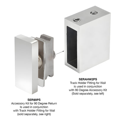 SER90PS polished stainless 90 wall-fitting connector for 8-10mm tempered glass with mounting block and screw.
