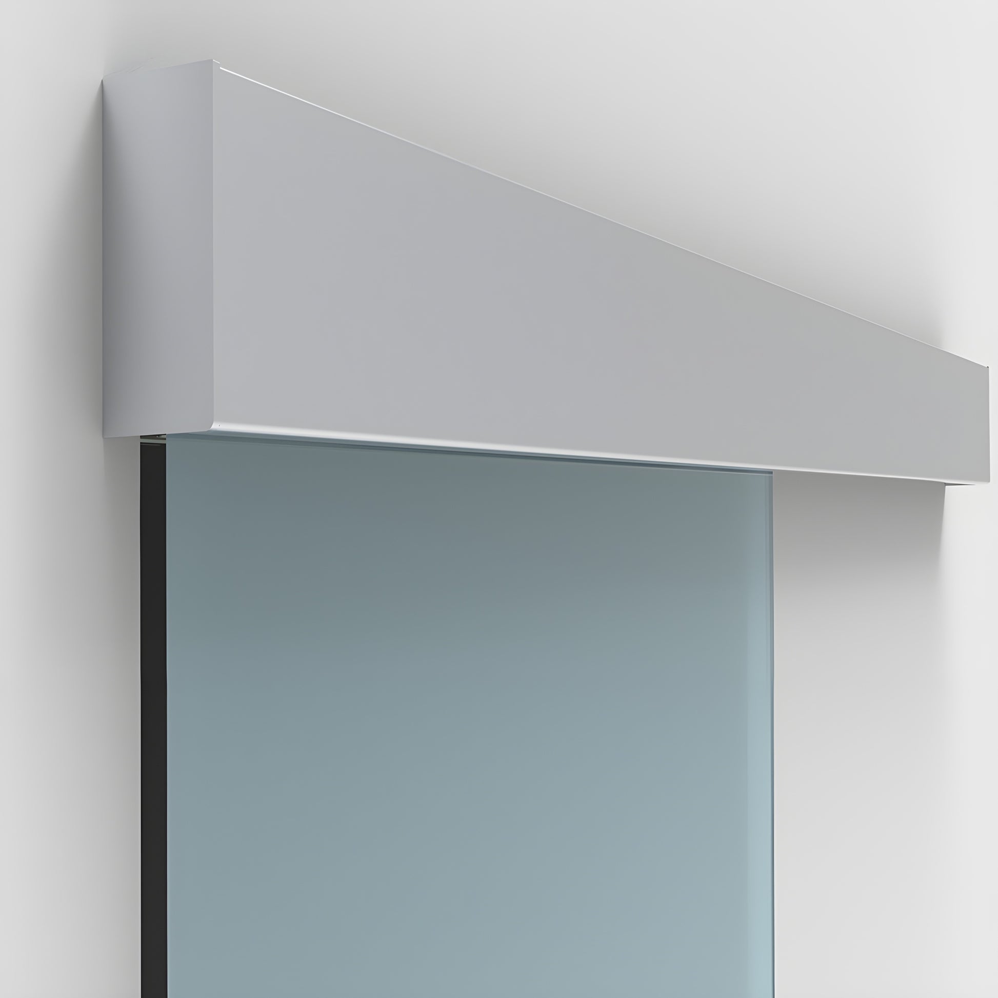 CRL50 wall-mount sliding glass door hardware - satin anodized top track with blue-tinted tempered glass panel.