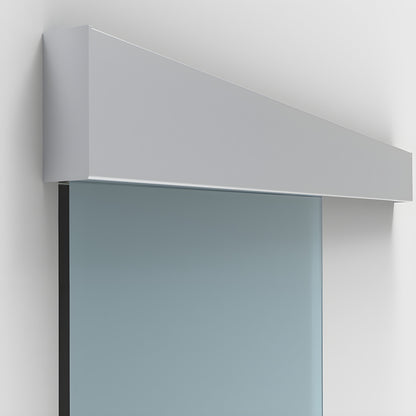 CRL50 wall-mount sliding glass door hardware - satin anodized top track with blue-tinted tempered glass panel.
