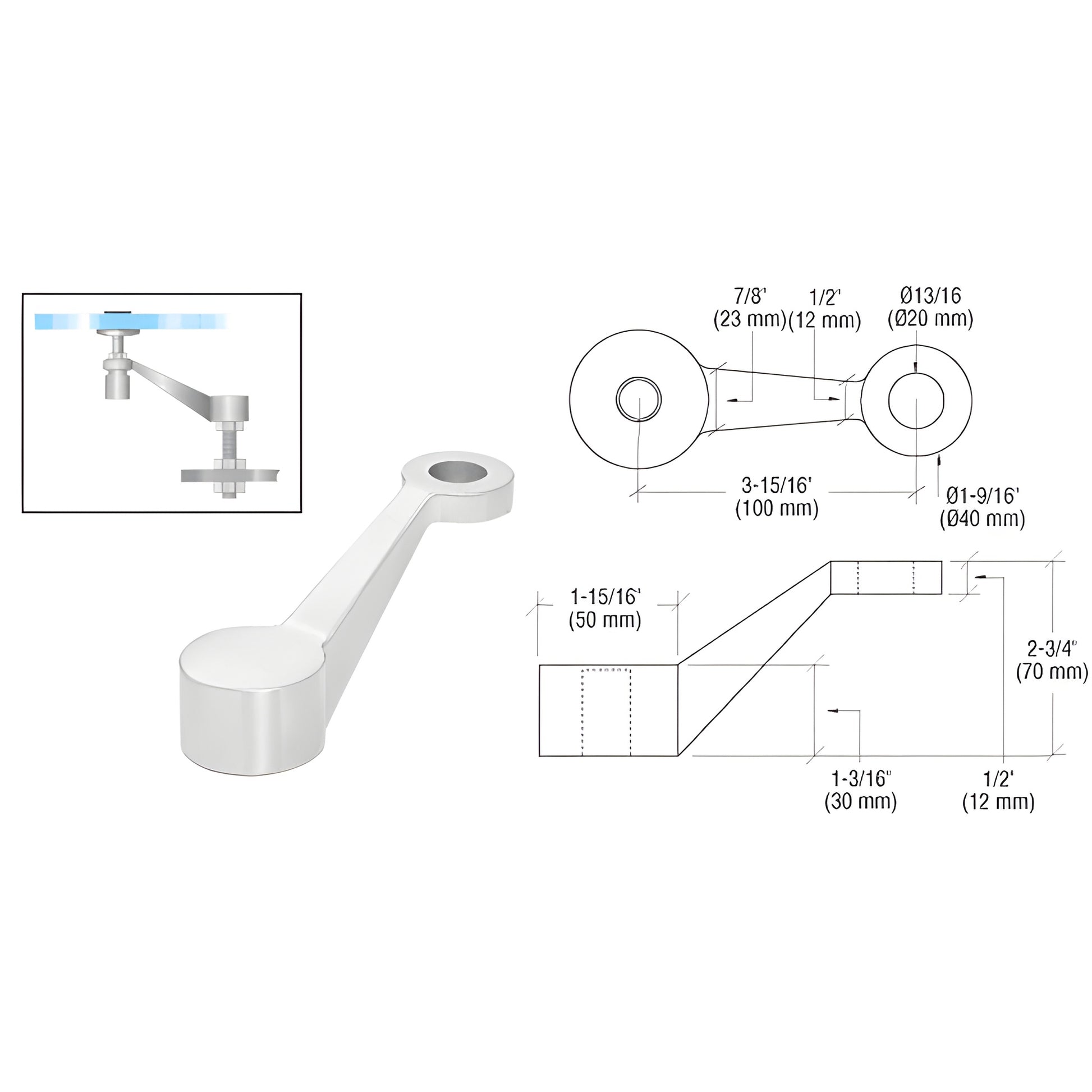 PMH1PS stainless steel single-arm glass fitting for frameless railing, angled arm with round mounts and dimension drawing.