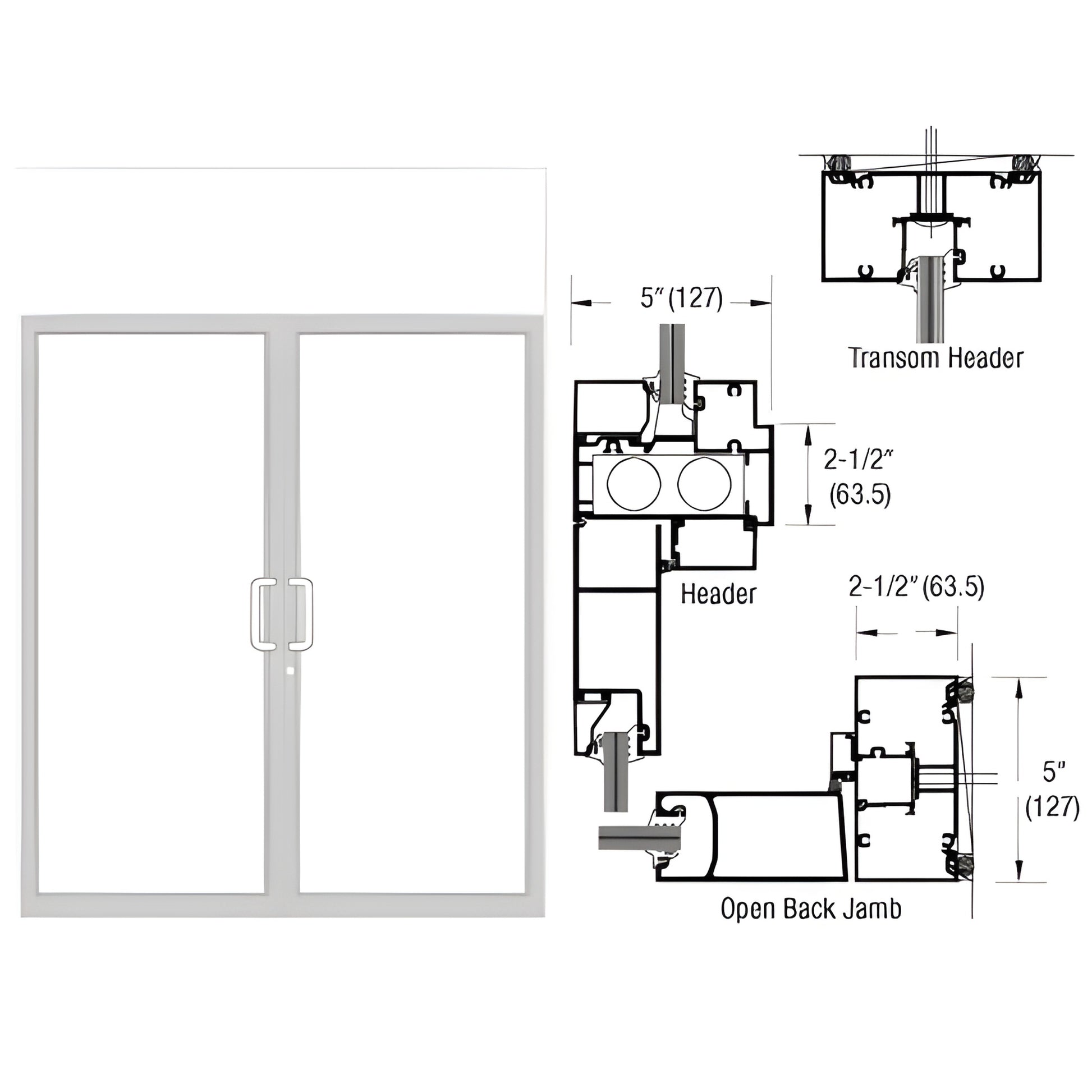 White Kynar transom door frame SKU 0F62952 - paired hinged hurricane impact door with front view and technical cross-sections