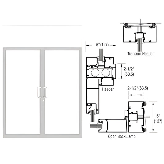 White Kynar transom door frame SKU 0F62952 - paired hinged hurricane impact door with front view and technical cross-sections