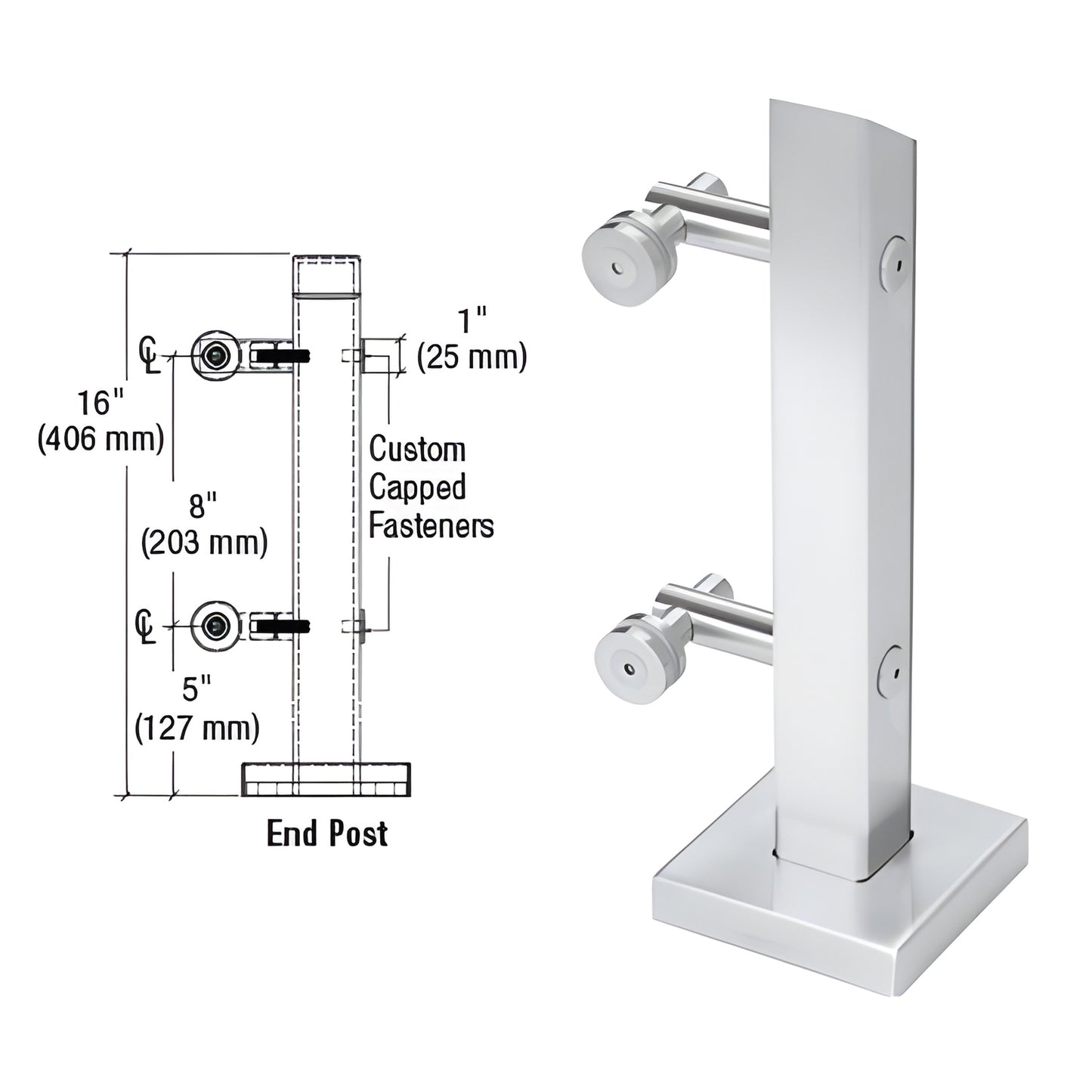 PWC1EPS polished 316 stainless steel 16 in end mini post with 5 in square base plate and two point glass clamps