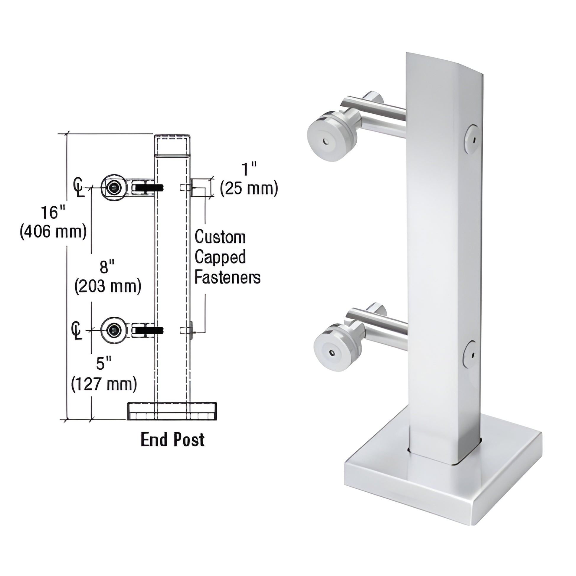 PWC1EPS polished 316 stainless steel 16 in end mini post with 5 in square base plate and two point glass clamps