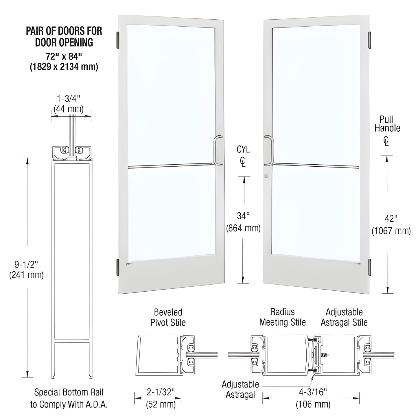 SKU CD22552 - White Kynar narrow-stile commercial entrance door pair with glass, ADA bottom rail and pull handles
