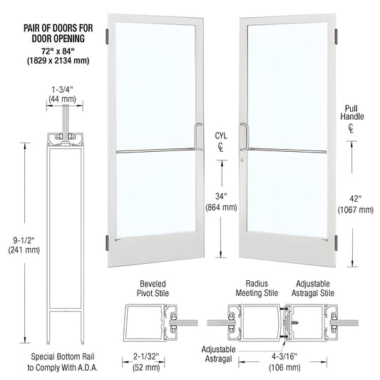 SKU CD22552 - White Kynar narrow-stile commercial entrance door pair with glass, ADA bottom rail and pull handles