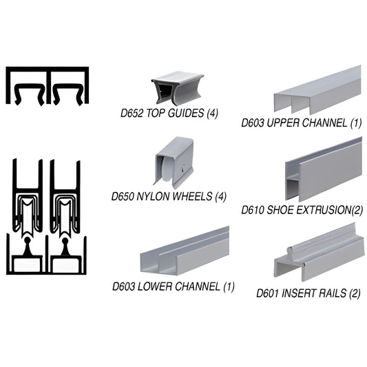 CRL Deluxe Track Assembly parts layout - satin anodized aluminum 36" sliding glass door track (SKU D2301A36)