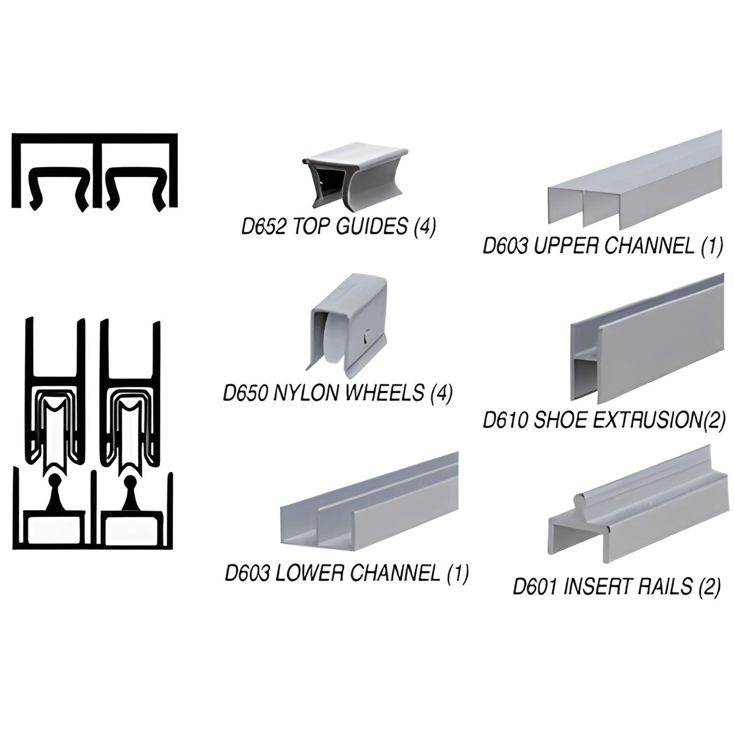 D2301BN72 brushed-nickel aluminum 72" sliding door track assembly with upper/lower channels, nylon wheels and top guides.