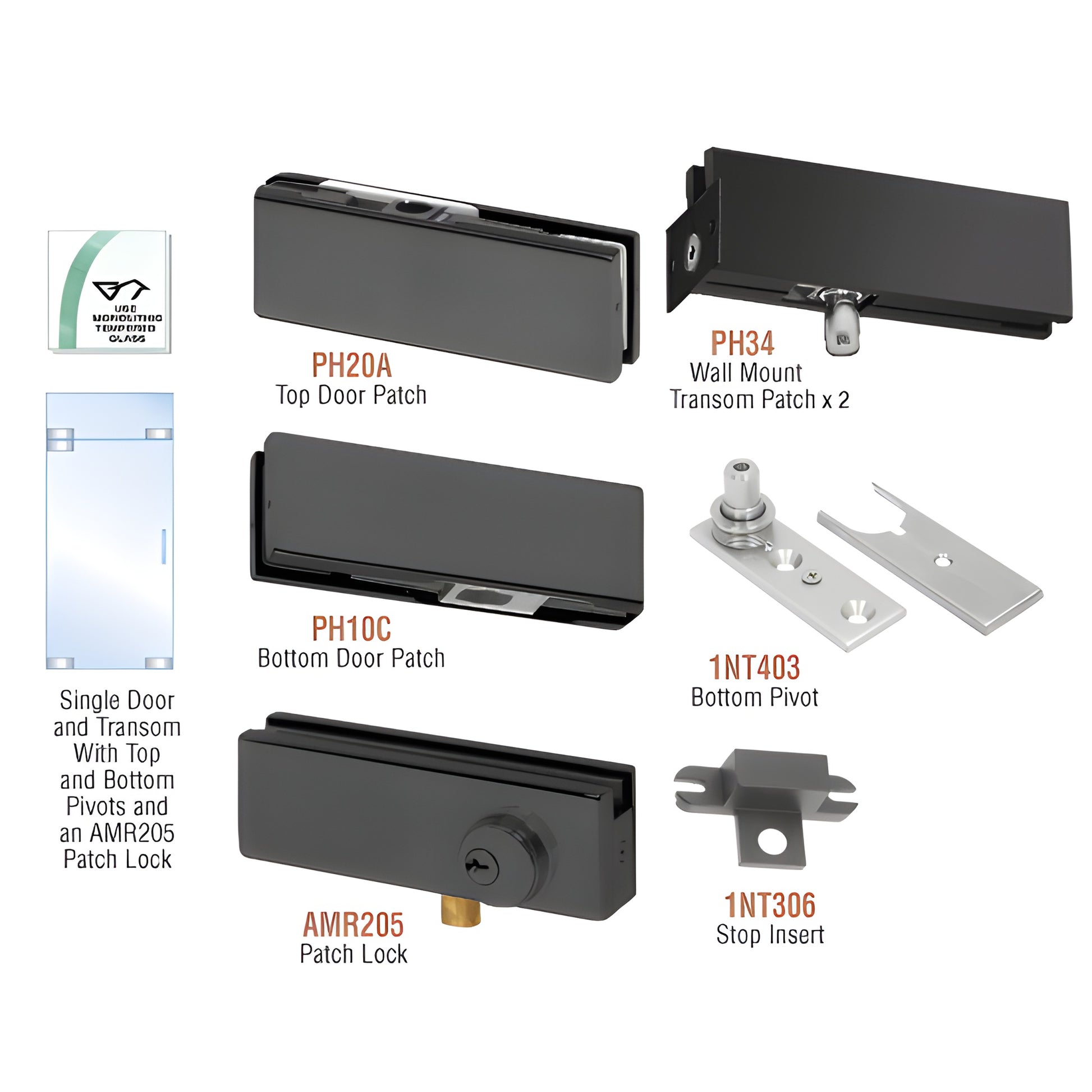 Matte black commercial glass patch door kit PHA3LMBL with top/bottom patches, transom patches, bottom pivot and stop