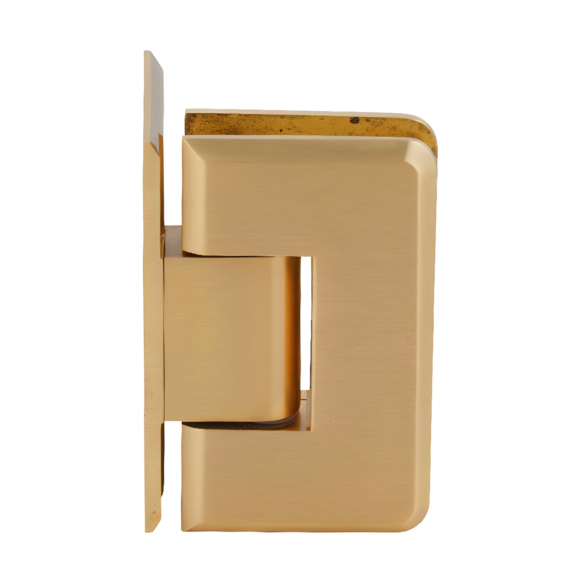 Satin brass Cologne glass shower hinge, solid brass, beveled offset wall-mount (SKU C0L044SB)