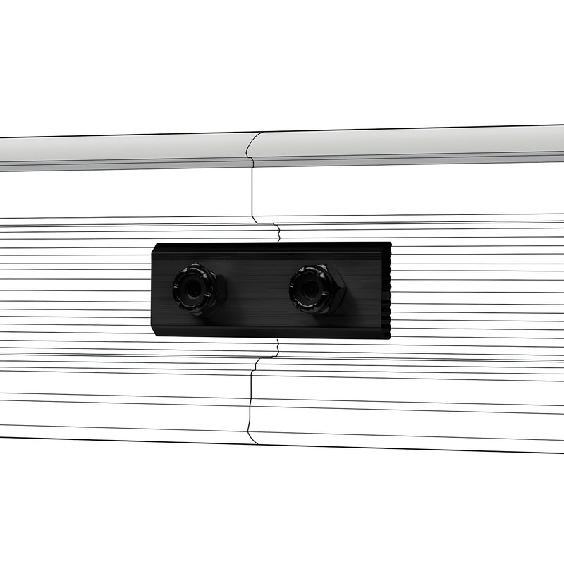 Black stainless Latitude 34 track connector plate with two hex fasteners for multi-track joins (SKU LAT34TCKBLS)